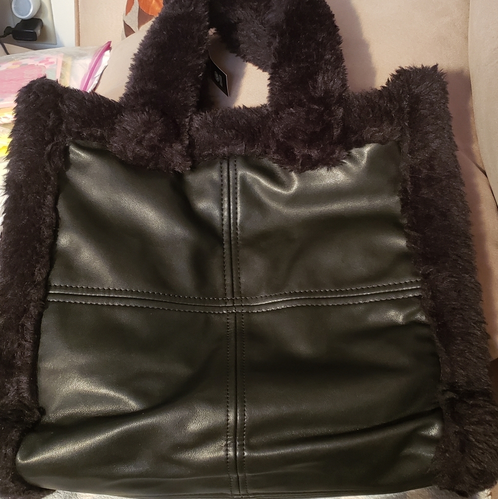 Faux leather fur trimmed tote bag